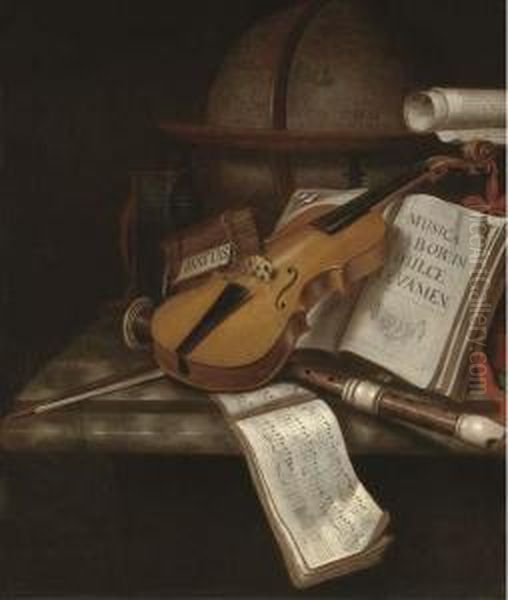 A Vanitas Still Life With A 
Violin, A Recorder, Books, A Scroll Andmusic With A Globe On A Marble 
Ledge Oil Painting by Edwart Collier