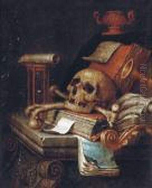 A Vanitas Still Life: A Skull, 
Books, An Hourglass And A Musicalscore On A Stone Carved Table Oil Painting by Edwart Collier