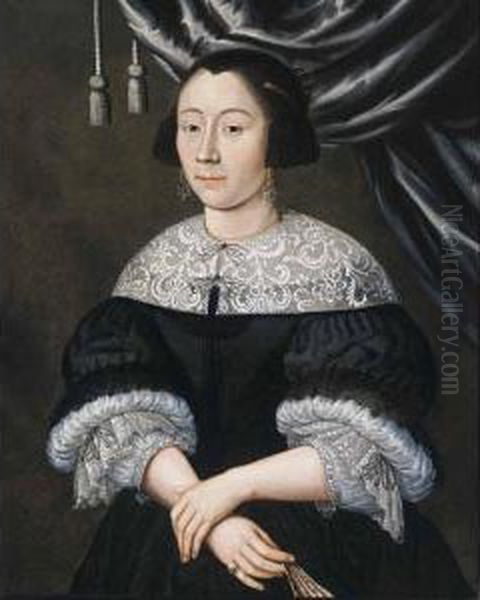 Portrait Of A Lady, Standing 
Half Length, Wearing A Black Dresswith White Collar And Cuffs, A Black 
Bonnet, And Holding A Fan Inher Right Hand Oil Painting by Edwart Collier