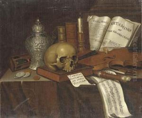 A Vanitas Still Life With Coins,
 Overturned Hour-glass, Urn, Skull,candle, Books, Musical Instruments 
And A Score On A Table Oil Painting by Edwart Collier