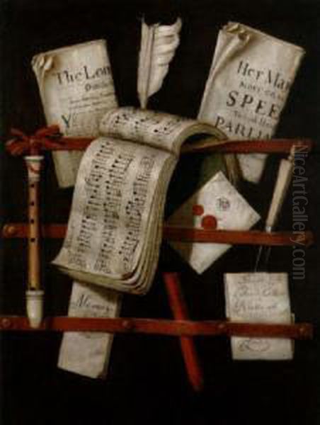 Trompe L'oeil Of A Letter Rack With Paper Oil Painting by Edwart Collier