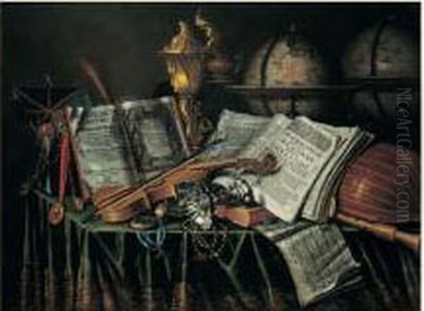 Nature Morte Aux Globes 
Terrestres Et Celestes, Instruments De Musique Et Pieces D'orfevrerie Oil Painting by Edwart Collier