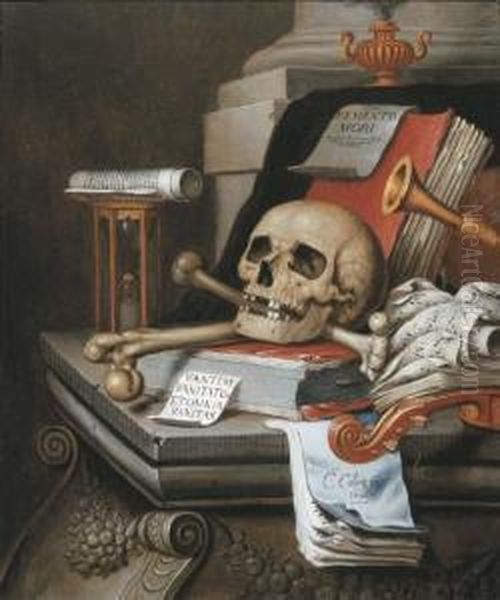 A Vanitas Still Life With An 
Hour Glass, A Skull And Crossbones, Ascroll, Two Books, Music Scores, A 
Flute, A Violin, A Sheet Ofpaper Inscribed 'memento Mori ...', An 
Incense Burner, Anothersheet Of Paper Inscribed 'vanitas Vanitatum 
Etomnia Vanit Oil Painting by Edwart Collier