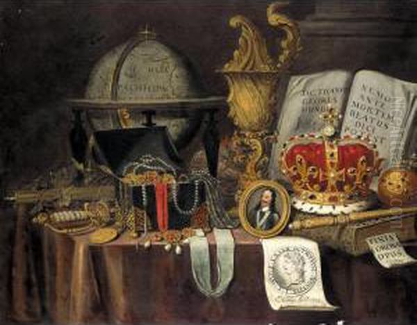 A Vanitas Still Life Of Court 
Jewels In A Casket, A Globe, Sword And A Miniature Portrait Of Charles 
I, Arranged Upon A Cloth-covered Table Oil Painting by Edwart Collier