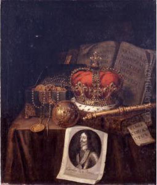 A Vanitas Still Life Of A Crown,
 An Orb, A Sceptre, A Casket Of Coins And Jewels, Together With Books 
And An Engraving Of Charles I Of England, All Arranged On A Draped Table Oil Painting by Edwart Collier