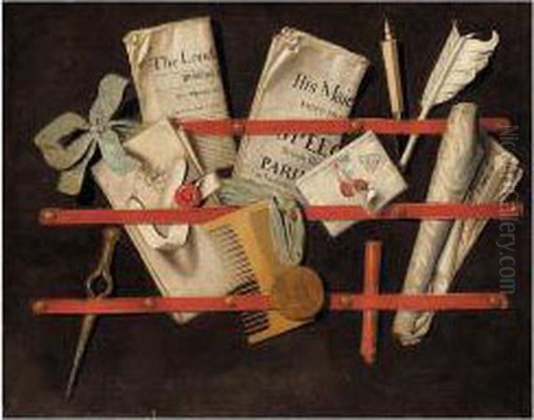 A Trompe L'oeil Of A Letter Rack Oil Painting by Edwart Collier