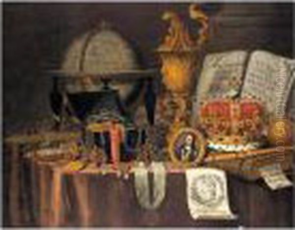 An Allegory Of Wealth And 
Temporal Power: A Vanitas Still Life Of Court Jewels In A Casket, A 
Globe, Sword, And A Miniature Portrait Of Charles I, All Resting On A 
Cloth-covered Table Oil Painting by Edwart Collier