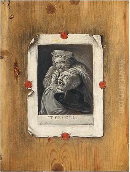 A Trompe L'oeil Of A 't Gevoel Print Set On A Panel Oil Painting by Edwart Collier