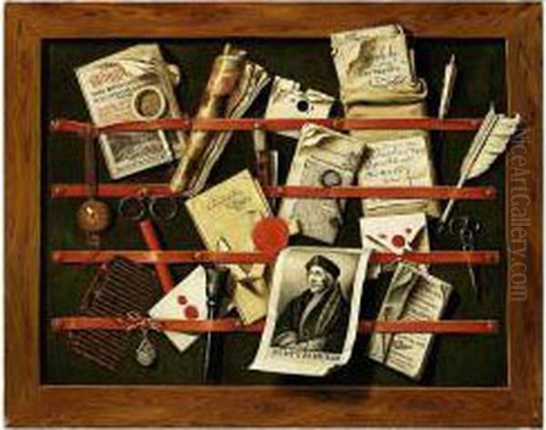 A Trompe L'oeil Still Life Of 
Written And Printed Documents, A Printed Portrait Of Erasmus And An 
Envelope With Broken Seal, A Watch, A Comb, Pince-nez, A Magnifying 
Glass, A Key, A Seal And Stick Of Sealing Wax, A Quill Pen And Other 
Paraphernali Oil Painting by Edwart Collier