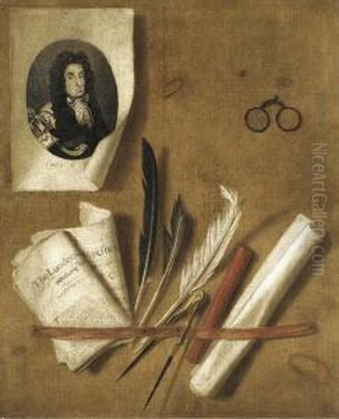 A Trompe L'oeil Still Life Of An Engraving Of King Charles Ii Oil Painting by Edwart Collier