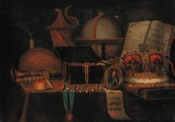 A Vanitas Still Life With A 
Globe, Crown, Sword, Jewel Casket, Anopen Book And A Miniature Of King 
Charles I Oil Painting by Edwart Collier