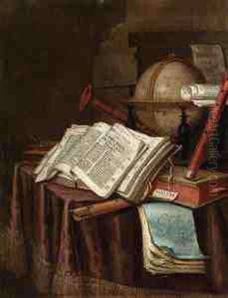 A Vanitas Still Life With A 
Globe, Musical Instruments, A Score Andan Emblem Book On A Draped Table 
Before A Column Oil Painting by Edwart Collier