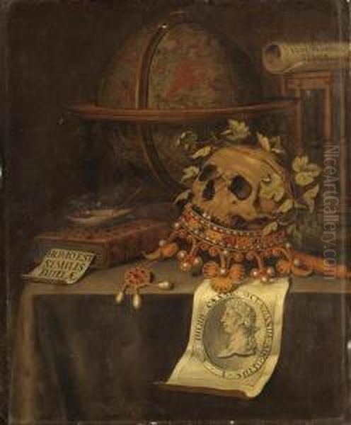 A Vanitas Still Life With A 
Skull In A Jewelled Crown, Anastrological Globe, An Hourglass, A Book, A
 Shell With Soap Bubblesand A Portrait Of The Emperor Augustus On A 
Draped Table Oil Painting by Edwart Collier