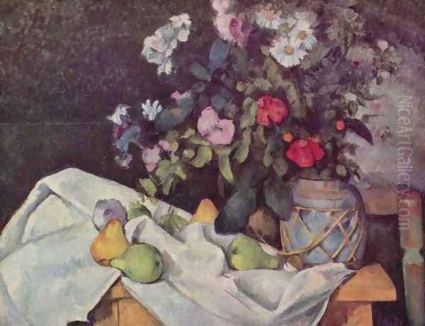 Still life with flowers and fruits Oil Painting by Paul Cezanne