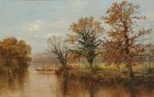 River Landscape With Figures In A Boat Oil Painting by Arthur Bevan Collier