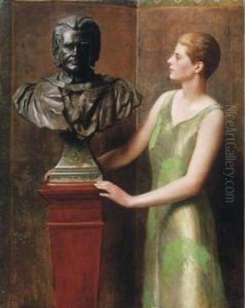 Woman, With A Male Bust Oil Painting by John Maler Collier