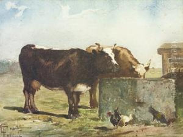 Cattle Watering, Chickens In Foreground Oil Painting by Thomas Collier