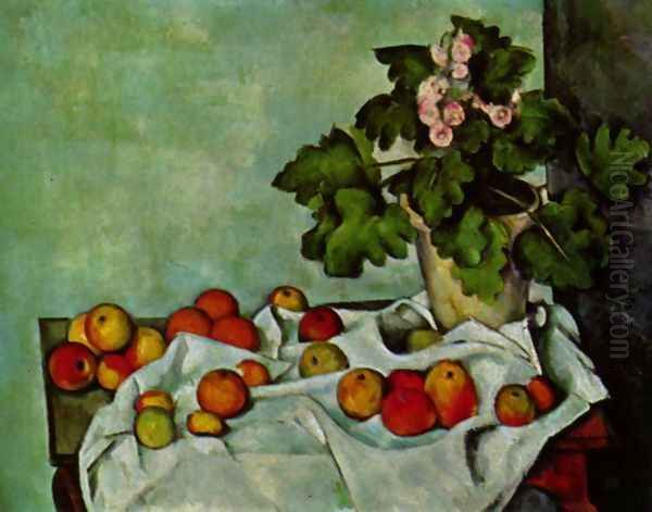 Still life, geranium stick with fruits Oil Painting by Paul Cezanne