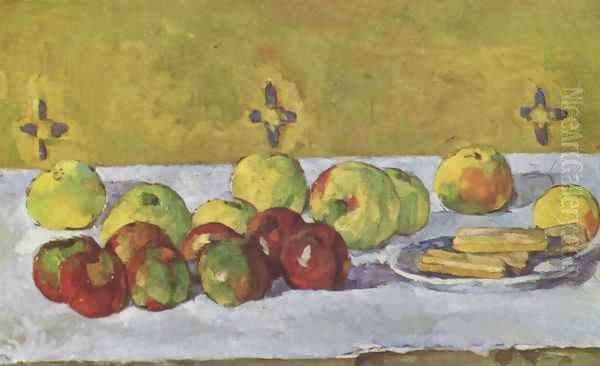 Still life with apples and biskuits Oil Painting by Paul Cezanne