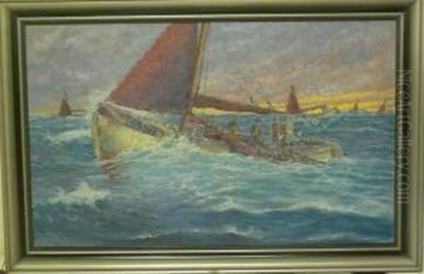 Bat Pa Stormigt Hav. Oil Painting by Alfred Collin