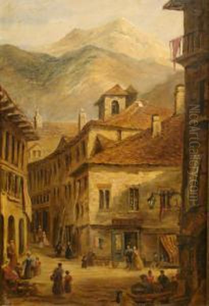 Figures Gathered Outside A Hotel In A French Alpine Village Oil Painting by William Collingwood Smith