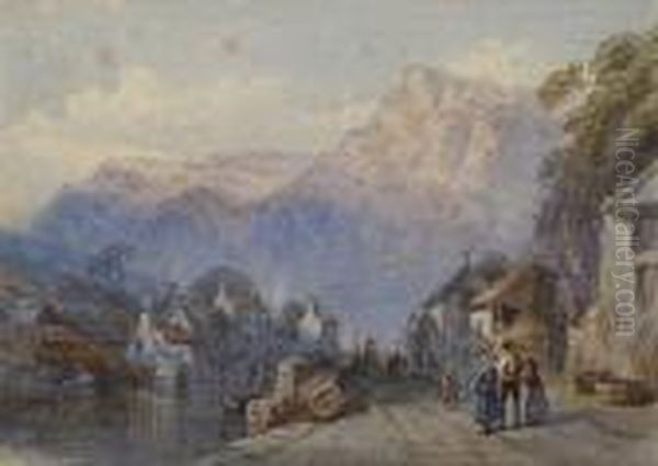 Figures On The Street In A Hillside Village Oil Painting by William Collingwood Smith