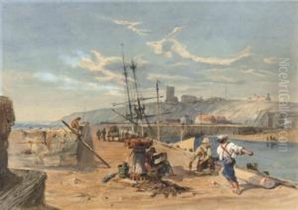 Figures On The Quayside, Folkestone, Kent Oil Painting by William Collingwood Smith