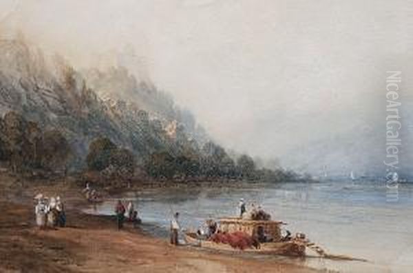 Figures And Boats In An Italian Bay Oil Painting by William Collingwood Smith