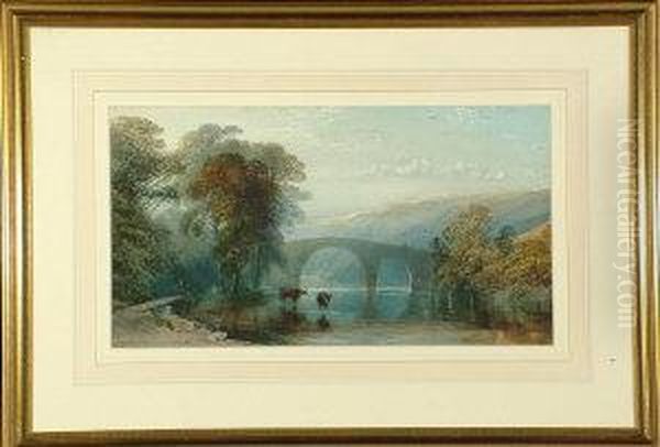 A Broad River Valley With Cattle
 In The Foreground And Figures On A Bridge In The Middle Distance. Oil Painting by William Collingwood Smith