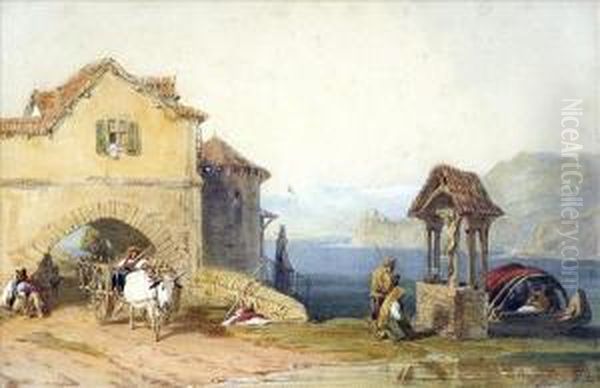 Thewayside Shrine, An Italian Lake Scene With Figures And Ox Cart Oil Painting by William Collingwood Smith