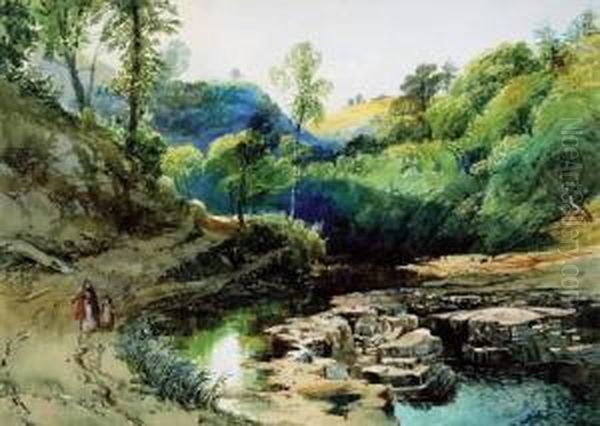 A Woman And Child Walking By A River, Probably Dovedale Oil Painting by William Collingwood Smith