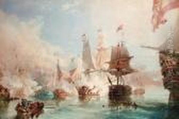 The Opening Encounter At 
Trafalgar: H.m.s. Royal Sovereign Engagingthe Spanish Flagship Santa Ana Oil Painting by William Collingwood Smith