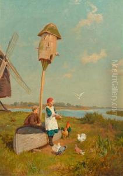 Children Feeding Birds Oil Painting by Charles Collins