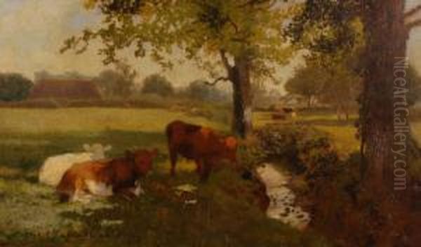 Cattle On River Bank Oil Painting by Charles Collins