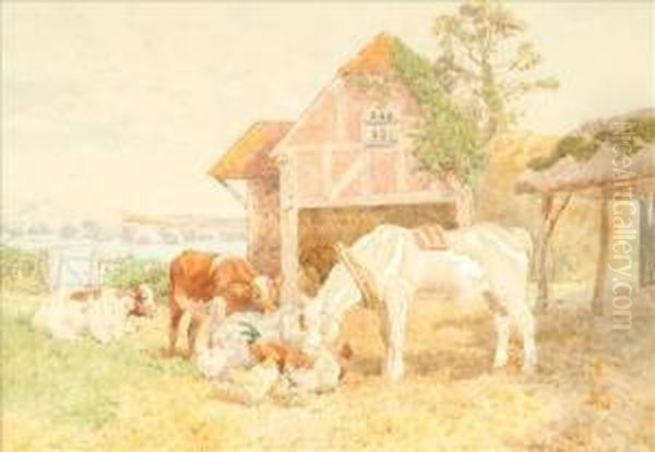 Cattle, Horse And Poultry In A Farmyard Oil Painting by Charles Collins