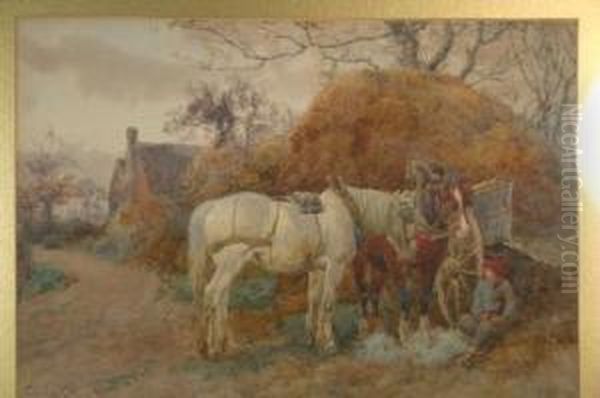 Rustic Scene With Horses, Cart And Boy By The Side Of A Track Oil Painting by Charles Collins