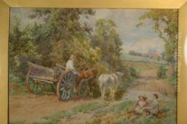 Rural Scene With Two Children By A Ford And Farmer With Cart And Two Horses Oil Painting by Charles Collins