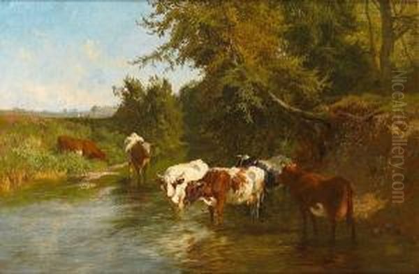 Cattle Watering Oil Painting by Charles Collins