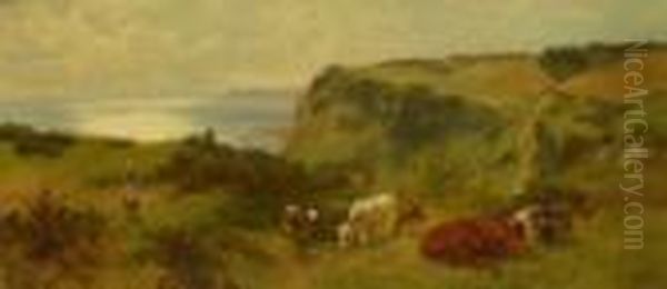 Cattle Grazing On The Cliff Top Oil Painting by Charles Collins