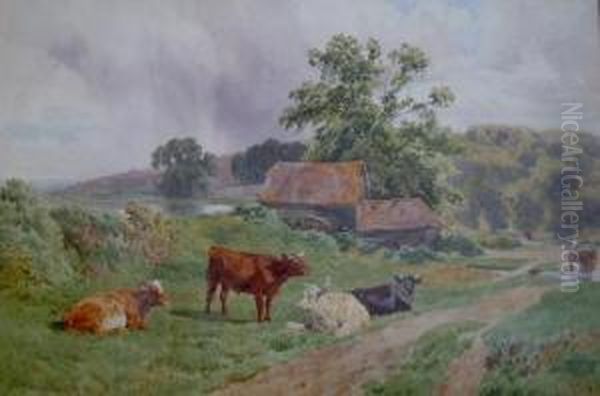 Cows At Rest In A Landscape Oil Painting by Charles Collins