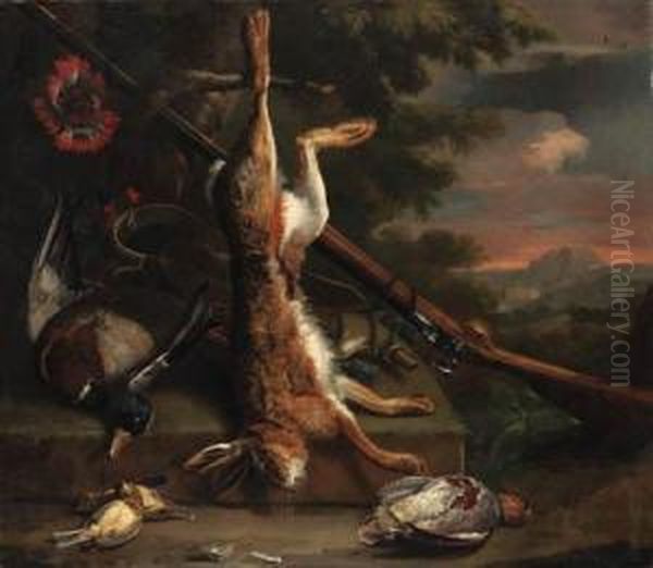 Still Life Of Dead Game, With A 
Hare, A Mallard, An Englishpartridge And Other Birds With A Gun By A 
Tree, In A Woodedlandscape Oil Painting by Charles Collins