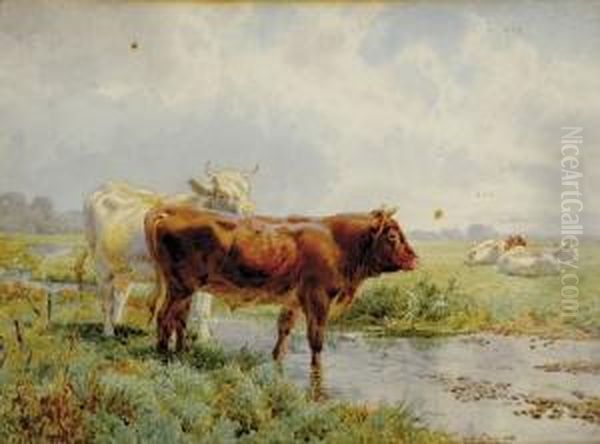 Cows Watering Rba Oil Painting by Charles Ii Collins