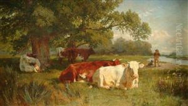 Cattle Restingbeneath A Tree, Beside A River Oil Painting by Charles Ii Collins