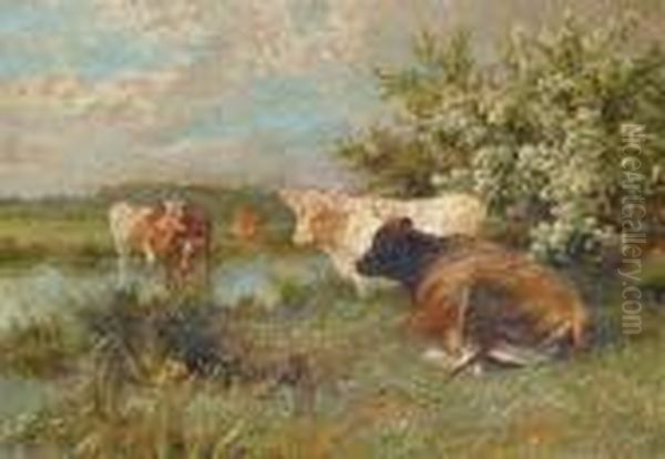 Cattle Watering Oil Painting by Charles Ii Collins