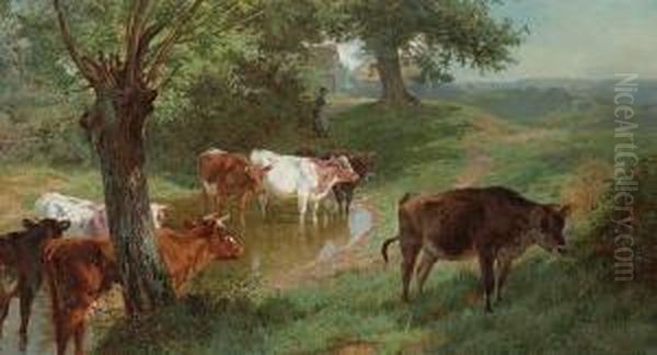 Cattle Watering Oil Painting by Charles Ii Collins