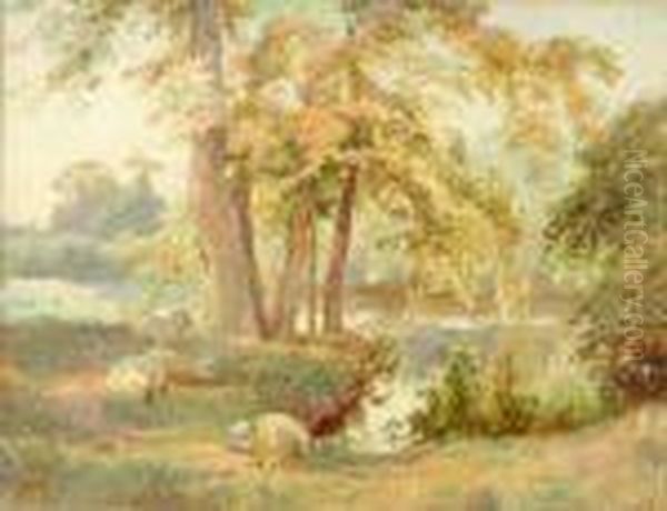 Sheepresting Under Trees Beside A River Oil Painting by Charles Ii Collins