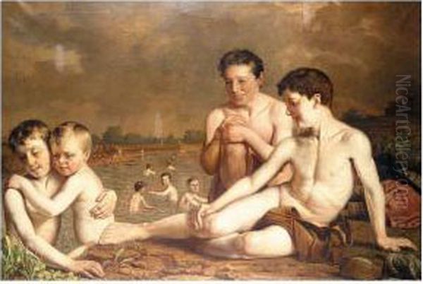 Young Boys Bathing Oil Painting by Hugh Collins