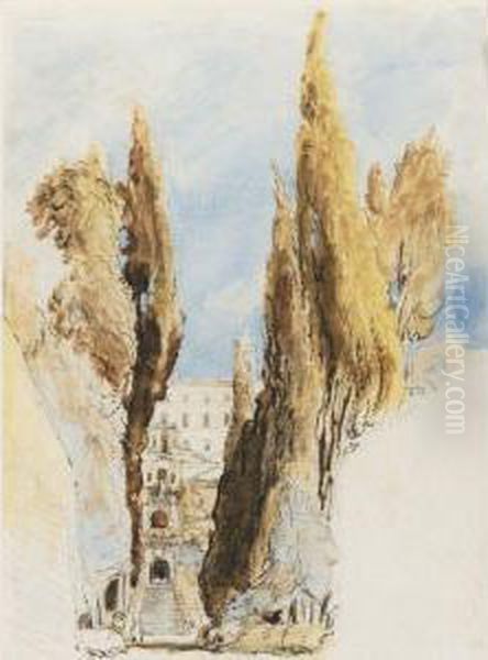 Cypresses At The Villa D'este, Tivoli Oil Painting by William Collins