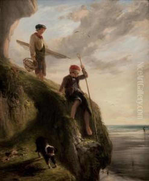 Fisherboys On The Cliffs Oil Painting by William Collins