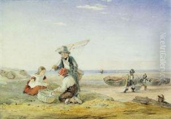 Fisherboys And A Young Shrimper On The Coast At Low Tide Oil Painting by William Collins